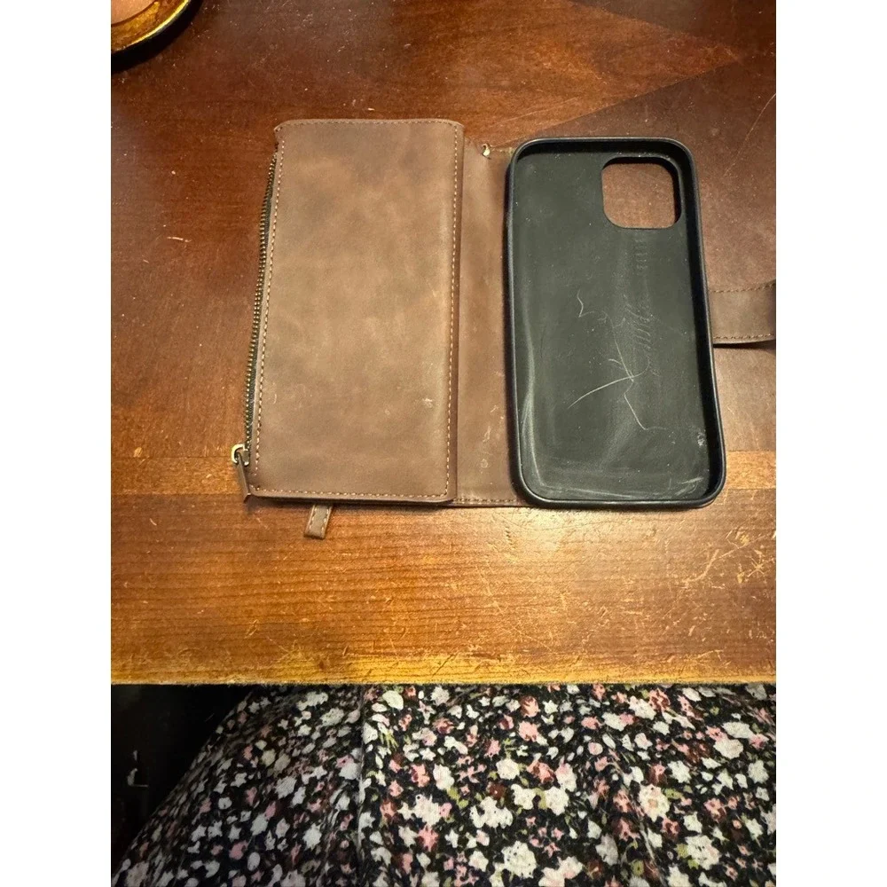 Iphone wallet case‎ brown faux leather Iphone 15 wristlet
